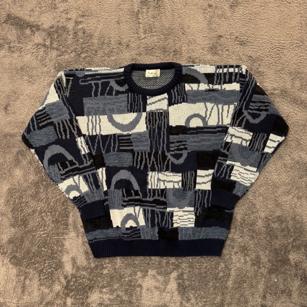 Vintage Protege 90s Abstract Geometric Knit Sweater Navy Grey XL Made in USA